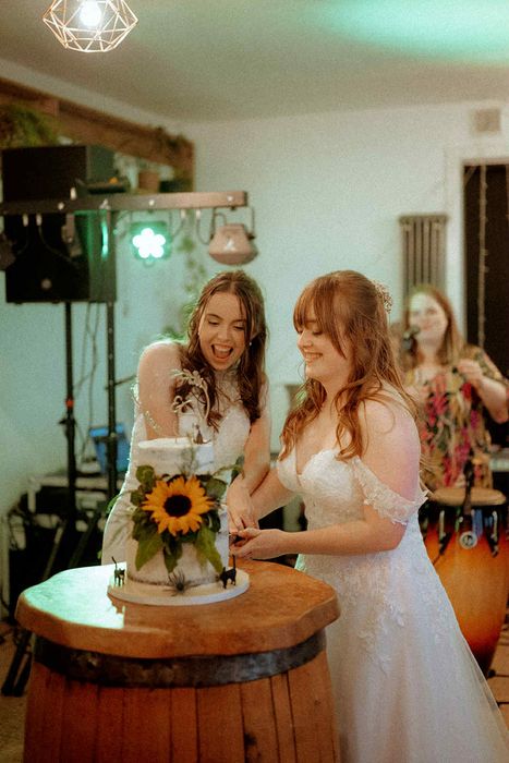 Couple cutting wedding cakes Scotland venachar lochside
