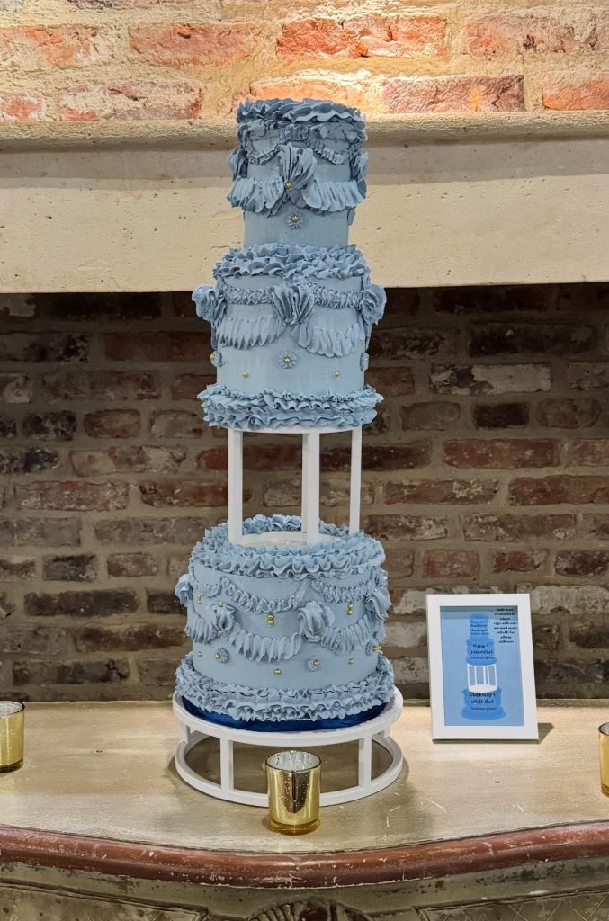 Contemporary blue tiered wedding cake with modern architectural detailing for a Dundee wedding cakes Scotland