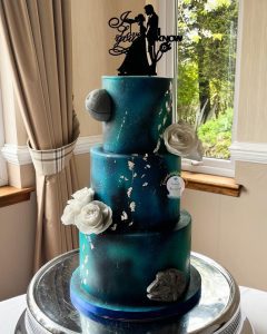 Sculptural navy and silver galaxy wedding cake - Decadent chocolate cake flavours Fife.
