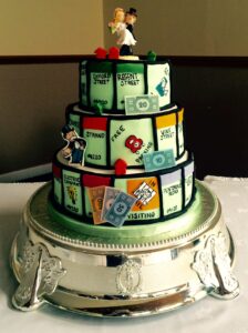 Personalised Monopoly wedding cake designed around a couple's interests