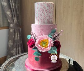Wedding cakes in Fife, burgundy and pink with open peony Crumbdidilyumptious