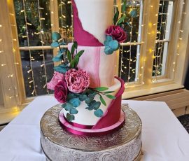 wedding cakes in fife burgundy wrap with sugar flowers by Kerrie gourlay crumbdidilyumptious Glenrothes