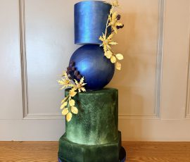 Bespoke sculptural wedding cake with blue sphere and gold thistle detailing for Edinburgh luxury weddings, Dundee V&A