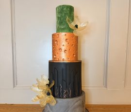Bespoke copper and black geometric wedding cake with architectural textures for luxury St Andrews weddings. Dundee industrial venues